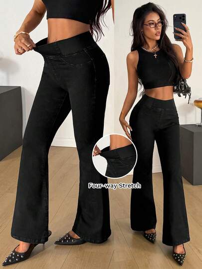 SHEIN PETITE Spring To Summer Women's Daily Commute & Casual Fitness Wear Ultra-Stretch Comfort Knit Denim Fabric Elastic Waist Casual Versatile Daily Wear Black Jeans