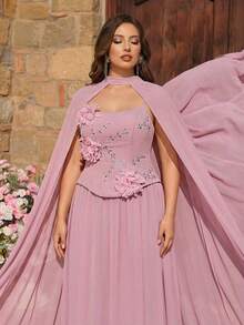 Aureia Áo choàng dáng chữ A bằng chiffon màu hồng sen thanh lịch, sang trọng, cỡ lớn, cổ áo buộc eo, thích hợp cho tiệc tối, hẹn hò, dạ hội, kỳ nghỉ, đám cưới, sự kiện trang trọng. - Bụi hồng - Xem 3