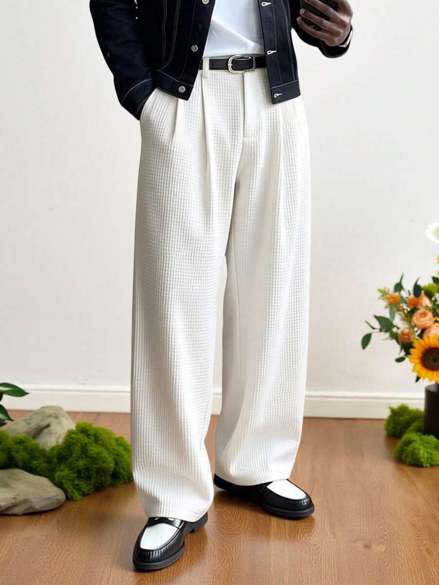 TOKVUE 男士纯色休闲裤，简约日常男士西装裤，高端新款设计，垂坠感西装裤，设计师款时尚休闲黑色简约商务裤，宽松直筒休闲裤，男士褶裥西装裤，宽松正装裤，男士褶裥裤，宽松裤，阔腿裤，新年礼物 - 白色 - 查看 1