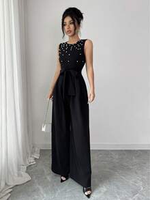 SHEIN Raffinéa 法式优雅度假连体裤，透视亮片拼接，后背拉链；腰部配有布腰带，泡泡袖褶皱设计，阔腿裤 - 黑色 - 查看 7