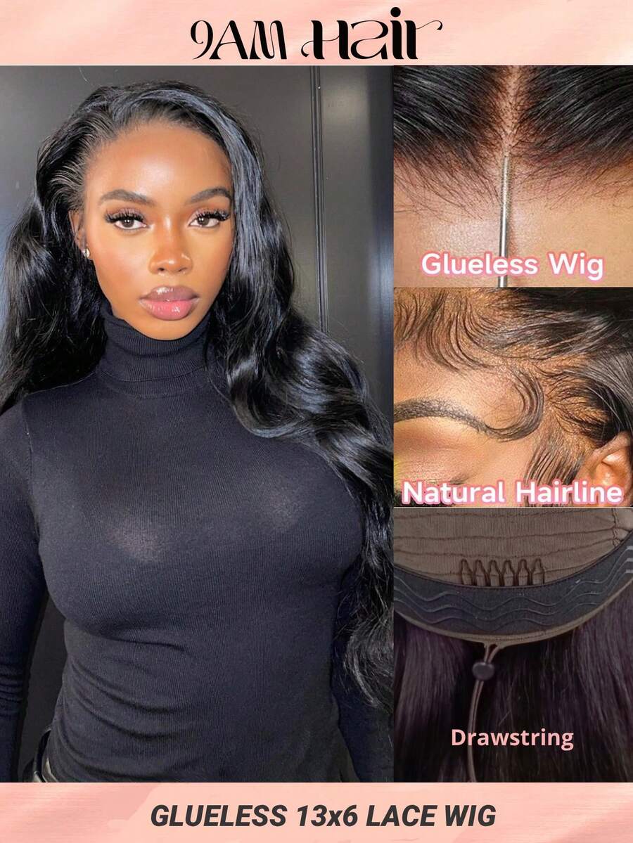 Body Wave 13x6 Glueless Hair Black Layered Bouncy Wig Human Hair Lace Frontal Wig With Drawstring Pre-Plucked Pre Cut Invisible Max Lace Closure Hair With Drawstring Natural Look Pre Styled Hairline For Women Daily Use - Natural Black - View 1