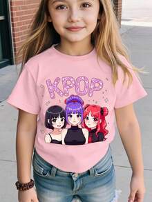 Camiseta corta básica casual para niñas jóvenes en primavera y verano, con estampado gráfico de personaje de grupo musical virtual, lema y diseño simple y fresco. Prenda cómoda y versátil para uso diario en primavera, verano y otoño. - Rosa - Ver 3
