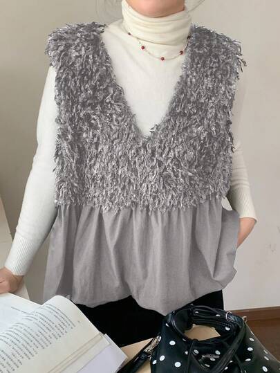 Dazy Plus プラスサイズ レディース カジュアル 無地 Vネック パッチワーク フェイクファー襟 ノースリーブ キャミソールタンクトップ 春服