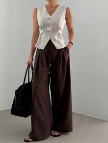 DAZY Women's V-Neck Sleeveless Backwaist Tie Urban Casual Thin Blazer - Khaki - View 2