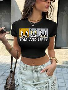 TOM & JERRY X SHEIN 女士休闲卡通字母印花修身短款T恤，夏季 - 黑色 - 查看 3