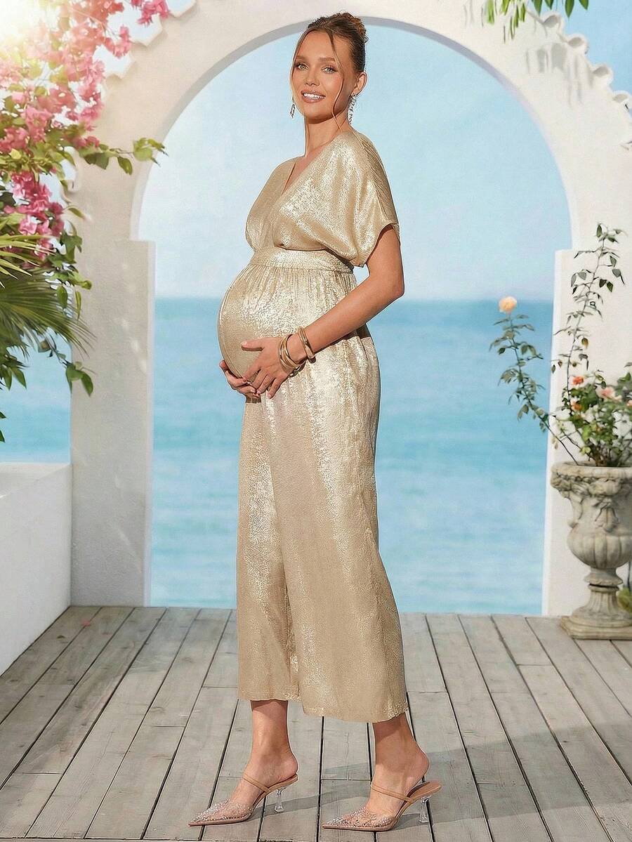 Loomaby Pregnant Women's Metallic V-Neck Batwing Short Sleeve Jumpsuit Dress Gender Reveal Dress Maternity Dress Baby Shower Dress - Gold - View 1