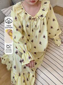 Dazy Plus Cute Cartoon Bear Pattern Floral Loose Fit Dolman Sleeve Nightgown - Yellow - View 1