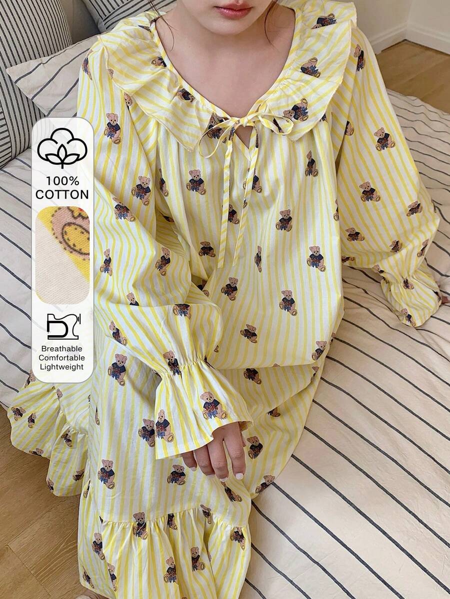 Dazy Plus Cute Cartoon Bear Pattern Floral Loose Fit Dolman Sleeve Nightgown - Yellow - View 1