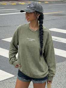 Muchica Casual Washed Military Green Long Sleeve T-Shirt For Women, Spring/Autumn - Army Green - View 6