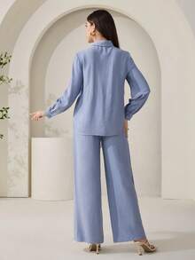 Veilorie Women's Front Button Long Sleeve Casual Elegant Shirt And Pants 2 Pieces Set - Blue - View 8