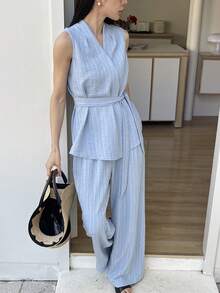 DAZY Women's Casual V-Neck Belted Vest And Wide Leg Pants 2 Pieces Set, Spring/Summer - Green - View 6