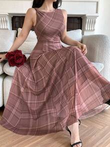 DAZY 女士优雅印花圆领无袖不对称中长连衣裙，夏季 - 棕色 - 查看 3