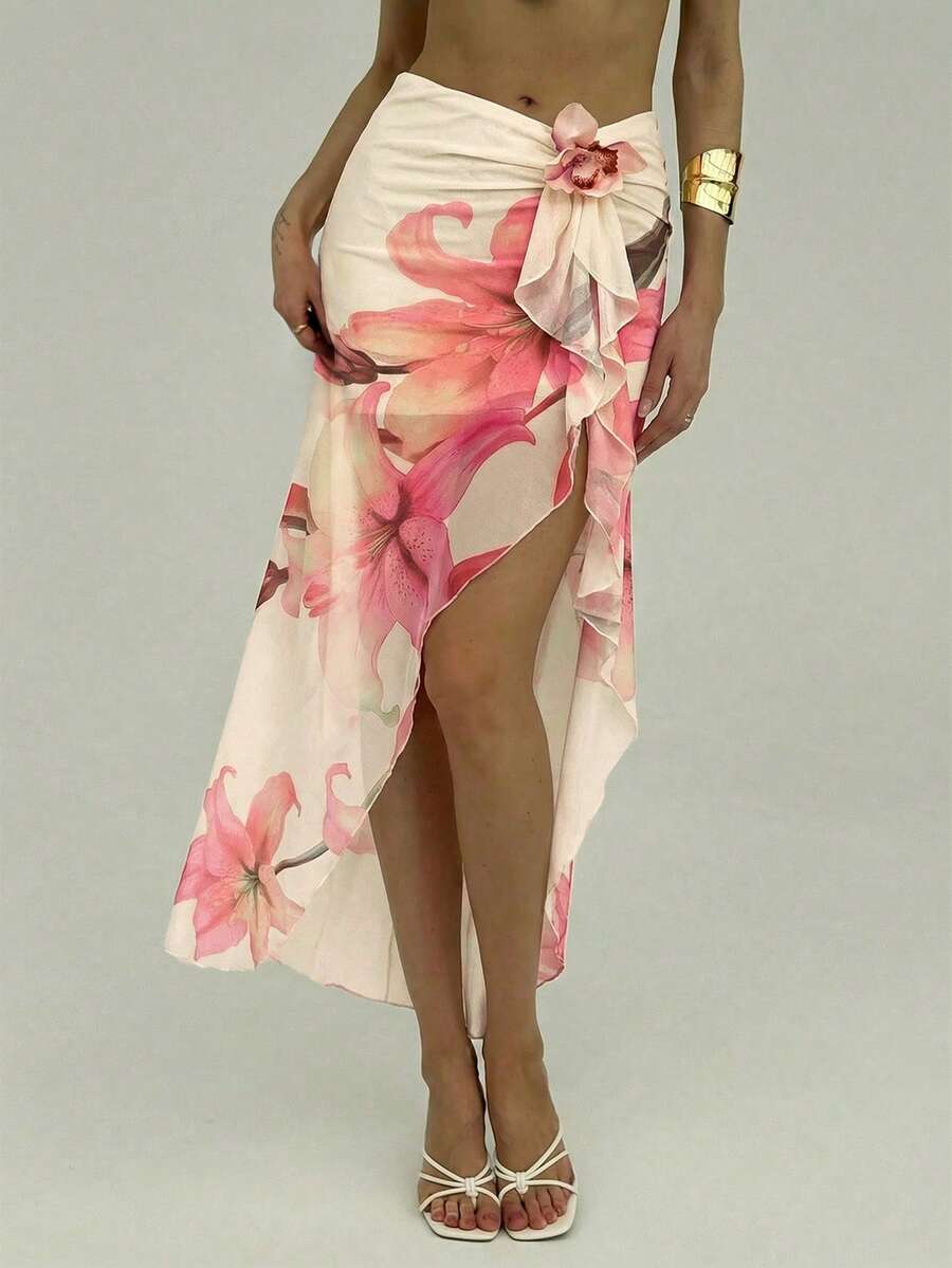 Aloruh 浪漫约会、春夏度假、海滩性感超长3D立体花卉高开衩女装裙 - 米色 - 查看 1