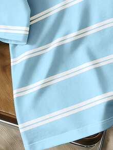 Manfinity Joysei 男士休闲条纹印花圆领短袖T恤，夏季 - 水鴨藍 - 查看 4