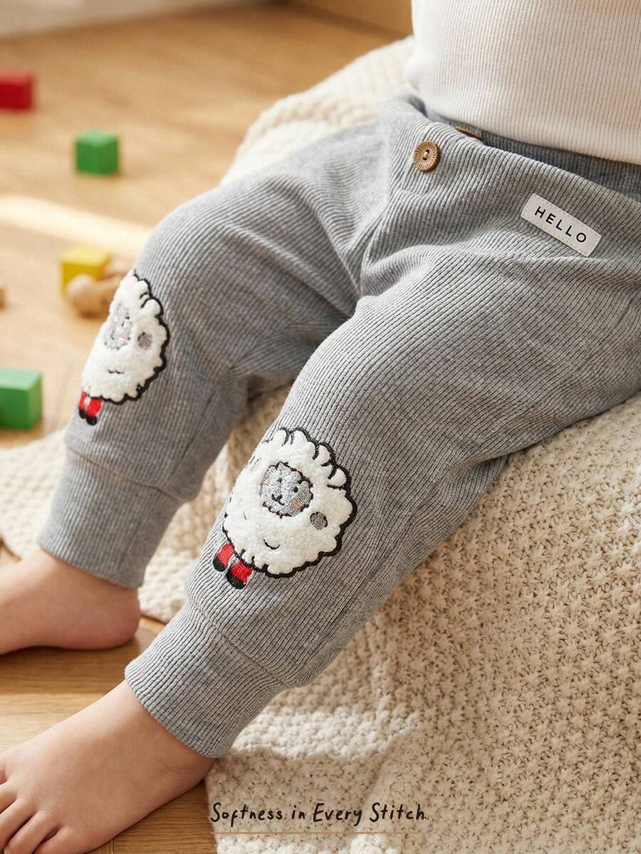 Cozy Pixies 婴儿/幼儿卡通绵羊刺绣针织柔软罗纹弹力腰束脚裤，百搭舒适可爱长裤 - 彩色 - 查看 1