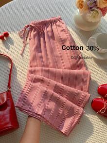 Comfortcana Women's Summer Vacation Pink Striped Drawstring Waist Pants - Red - View 1