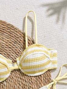 Swim Mod Bộ bikini nữ mới, chất liệu vải có họa tiết, có gọng nâng ngực, dây đeo có thể điều chỉnh, 2 mảnh cho kỳ nghỉ hè ở bãi biển, gợi cảm và dễ thương, giúp thon gọn vóc dáng. - Màu vàng - Xem 7