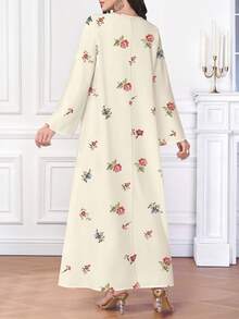Al Najma 女士阿拉伯花卉印花 V 领长袖长裙款式，阿拉伯连衣裙 - 杏色 - 查看 2