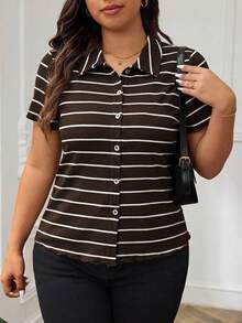 SHEIN Frenchy Áo thun ngắn tay in sọc, cài cúc phía trước, kiểu dáng thanh lịch, công sở, thoải mái và đơn giản, thích hợp cho giáo viên. - màu nâu - Xem 5