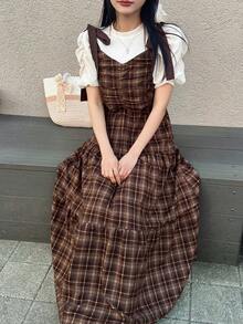 FRIFUL Women's Plaid Minimalist Casual Long Dress Summer - Brown - View 6