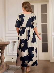 Rosumi 加大码短袖腰部褶皱开衩侧双口袋音乐节波西米亚花卉印花连衣裙，适合春夏季 - 彩色 - 查看 2