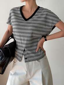 DAZY 女士夏季短袖条纹V领收腰休闲优雅T恤 - 黑色 - 查看 3