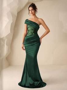 Coutiva 女士优雅亮片拼接荷叶边腰部正式晚礼服 - 墨綠色 - 查看 4