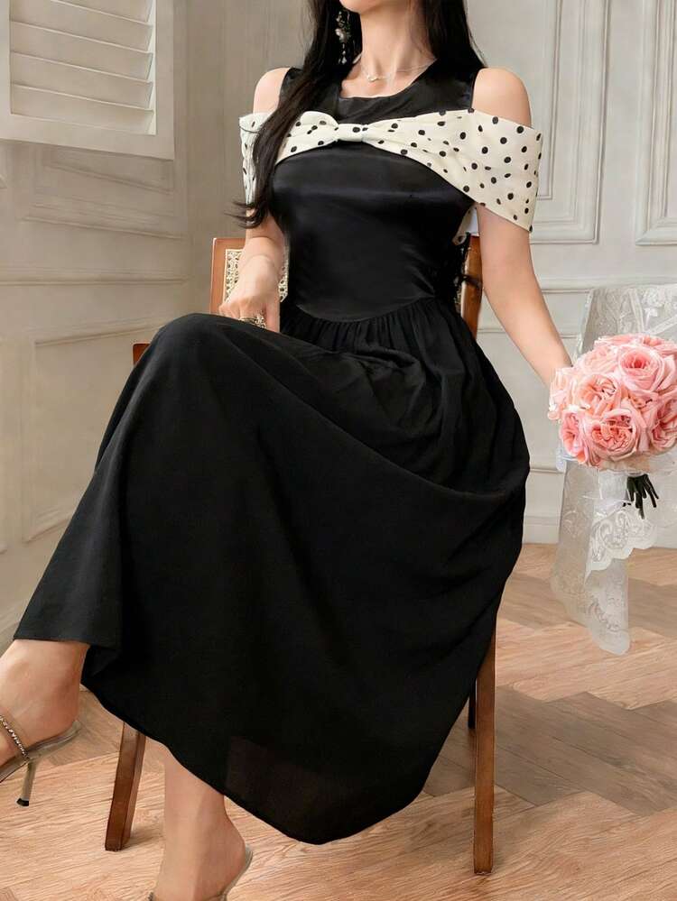 Women's Elegant Polka Dot Patchwork Open Shoulder Long Dress Sundress