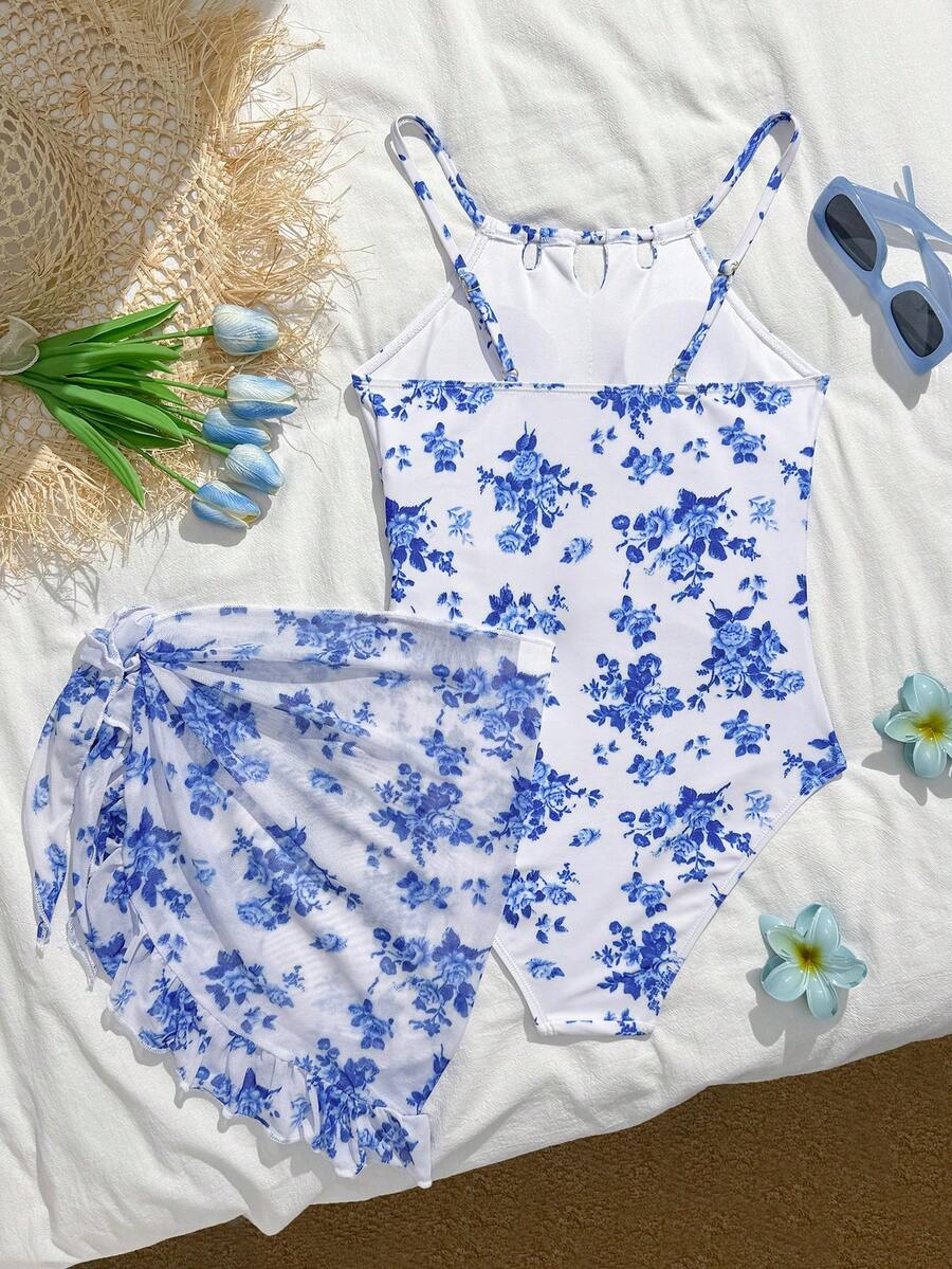SHEIN 蝴蝶印花泳衣套装,含配套罩衫和裙子,时尚休闲,适合青少年女孩。 - 藍色 - 查看 1