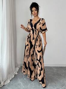 Elenzga 女士夏季海岛椰树日落暖沙笔触V领收腰阔腿连体裤，度假必备 - 咖啡棕 - 查看 6