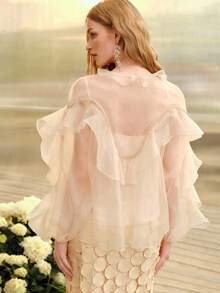 MOTF PREMIUM WOMEN'S V-NECK RUFFLE DESIGN LOOSE ROMANTIC LONG SLEEVE BLOUSE, SPRING/SUMMER - Apricot - View 8