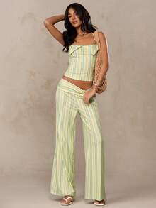 SHEIN BAE 女士条纹吊带露背修身吊带背心，夏季女装，沙滩装，外出上衣，夏季度假装，黄色上衣，彩色条纹上衣，时尚上衣，夏季上衣，度假上衣 - 黃色 - 查看 1