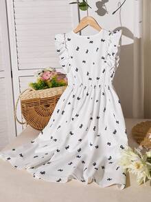 ChillGRL 1pc Tween Girls Chill GRL Sweet Vacation Ruffle Splice Design Butterfly Print A-Line Dress, Suitable For Daily, Vacation, Gathering With Friends - White - View 2