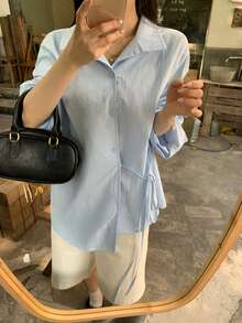 FRIFUL Camisa suelta de unicolor con cuello regular y cordón en la cintura para mujer - Azul - Ver 5