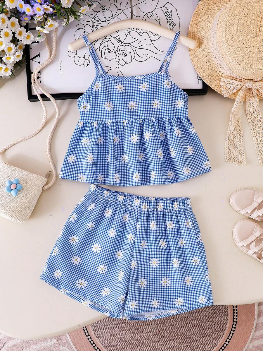 SHEIN Elladie kids 女童蓝色格子雏菊印花吊带背心和短裤套装,清爽舒适的夏季户外活动服装 - 藍色 - 查看 1