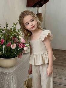 LMoss Kids 2pcs Young Girl Set: Woven Collared Ruffle Trim Blouse And Woven Loose Fit Pants - Apricot - View 3