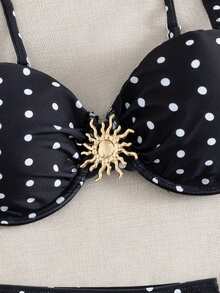 Swim Vcay Women's Summer Black & White Polka Dot Print Push-Up Bikini Swimsuit With Skirt 3-Piece Set - Black and White - View 4