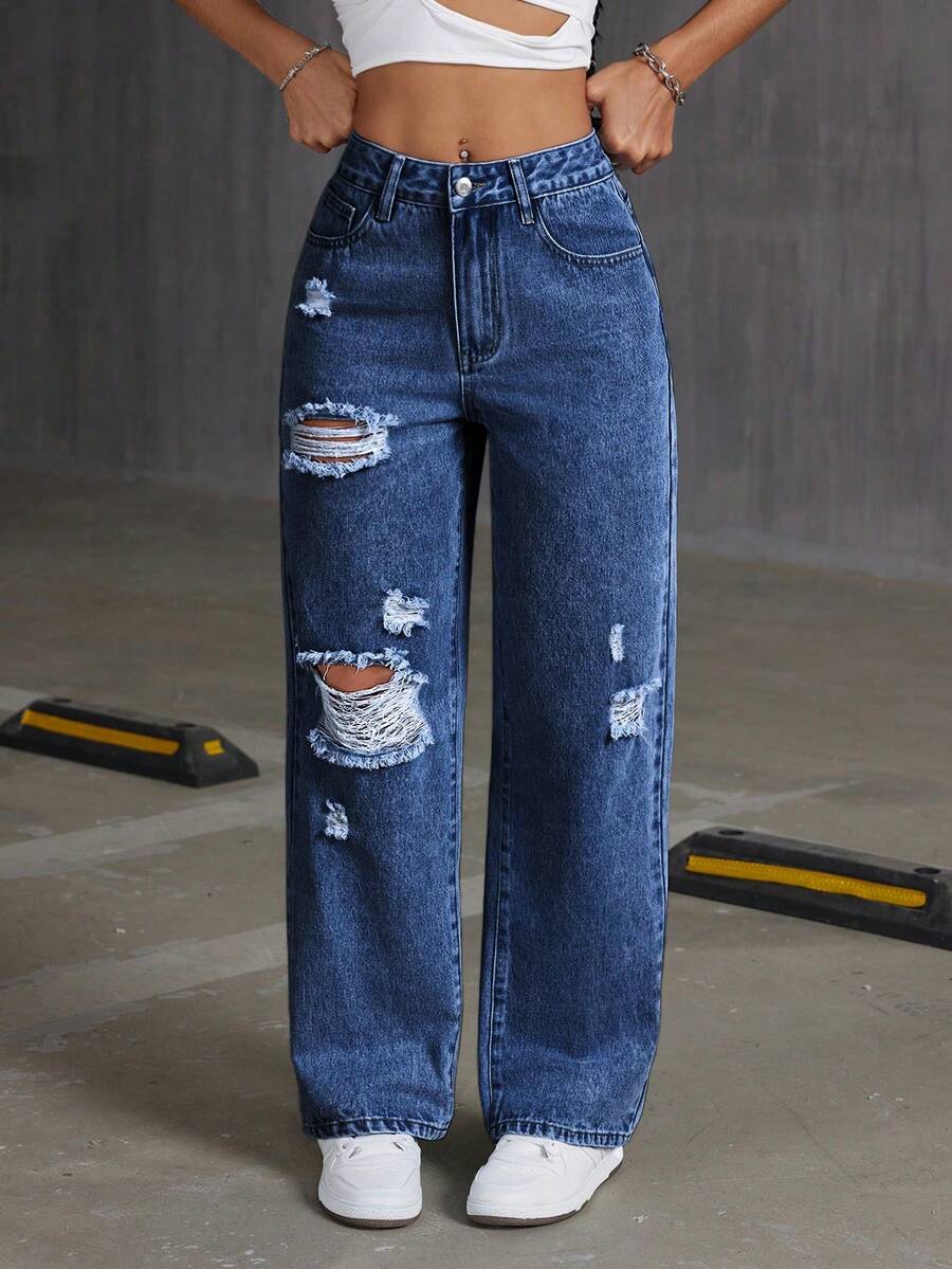 Rivivi Quần jeans nữ dáng suông rách rưới, bạc màu, phong cách thường ngày. - Rửa tối - Xem 1