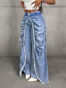 Slaydiva 女士褶皱时尚设计毛边宽松牛仔裤 - 藍色 - 查看 3