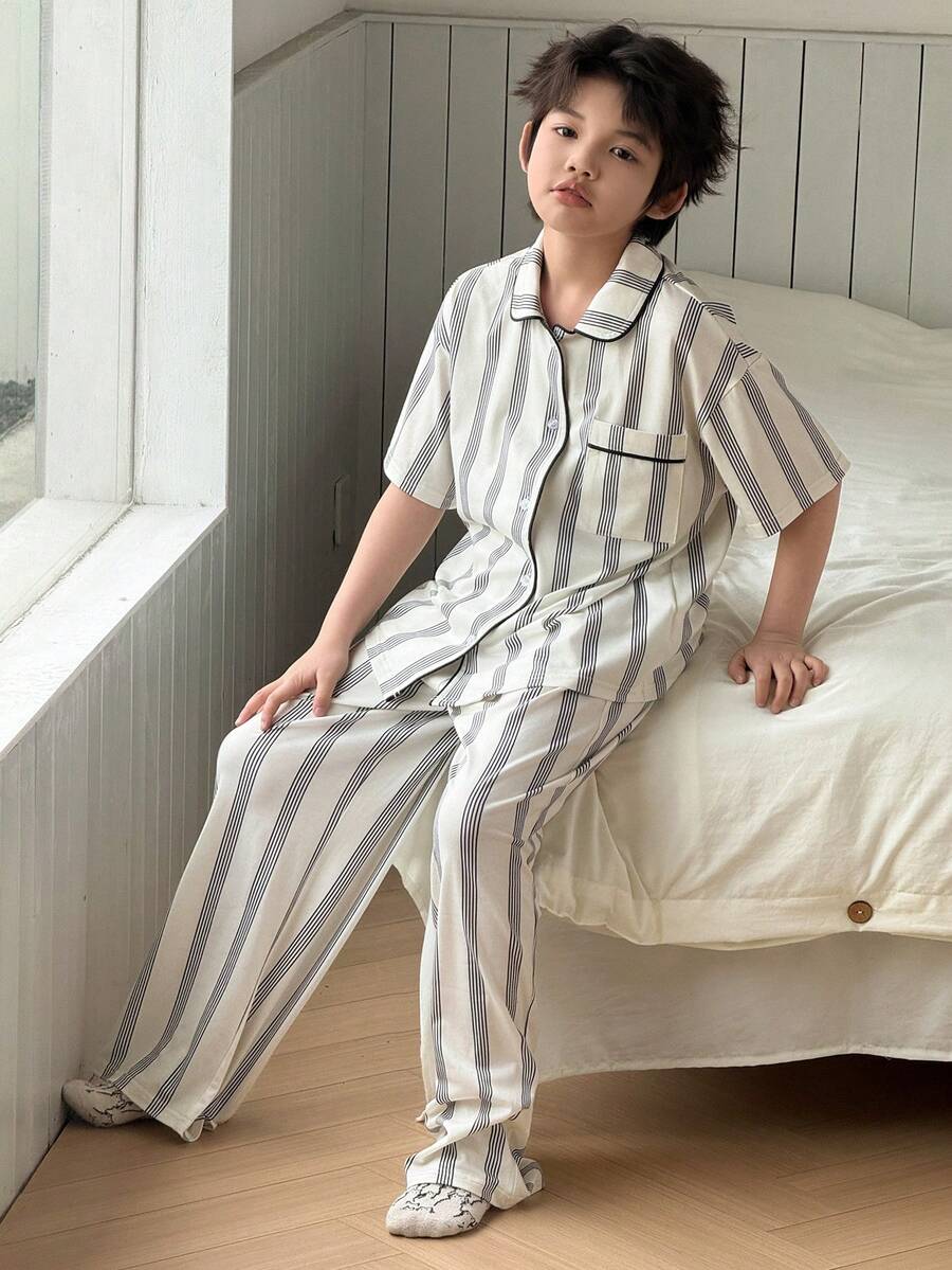 DAZY Tween Boys Drop Shoulder Short Sleeve Button Front Striped Casual Loose Pajama Set - White - View 1