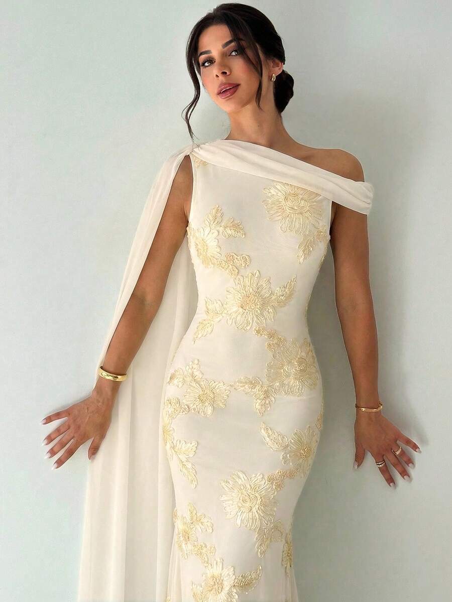 Firerie 优雅精致浪漫端庄的舞厅派对约会单肩超长刺绣网纱修身美人鱼黄色连衣裙（女款） - 杏色 - 查看 1