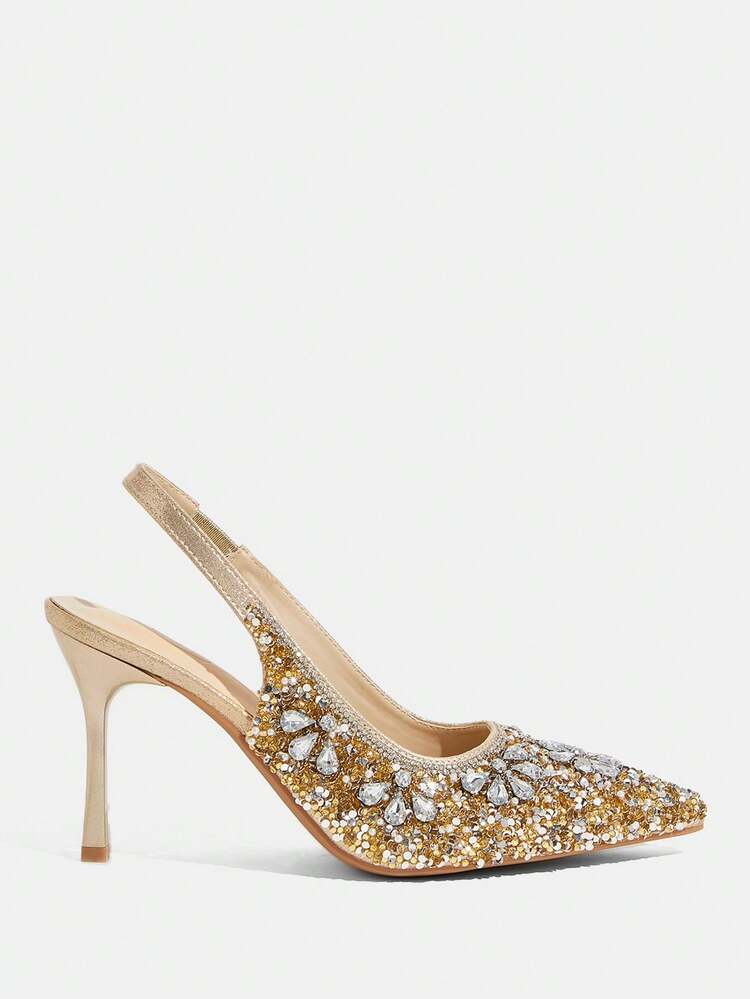 CUCCOO TILAWA Women Shoes Women's Fashion Pointed Metal Rhinestones Sparkling Evening Wedding Lightweight Daily Commuter Party Wind Outdoor Pedal Stiletto High Heel Shoes