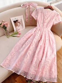 Franclia 2026 Elegant Dress, Ruched Waist Floral Jacquard Dress With Ruffled Collar, Comfortable Lining, Suitable For Commuting, Vacation, Evening Party, Spring/Summer New Arrival Pink Floral Dress Women's Pink Dress Pink Tea Party Dress Beaded Neckline Dress Pink Floral Women Dress Rose Dress - Pink - View 2