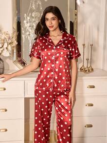 LuxeNights Contrast Trim Faux Silk Polka Dot Lapel Collar Women Pajama Set Red Polka Dot Pajama Set Button Up Pajamas Set - Red - View 1