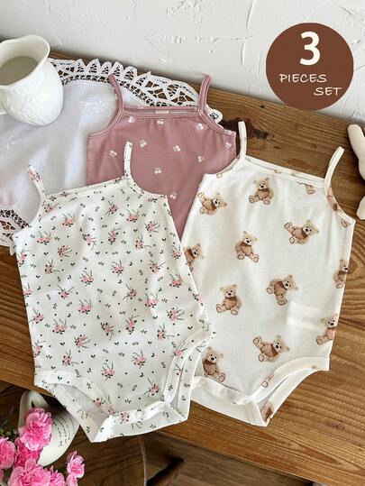 LMoss Kids 3pcs Baby Girl Casual Soft Elastic Knit Solid Color Bodysuit Set, Suitable For Summer Wear