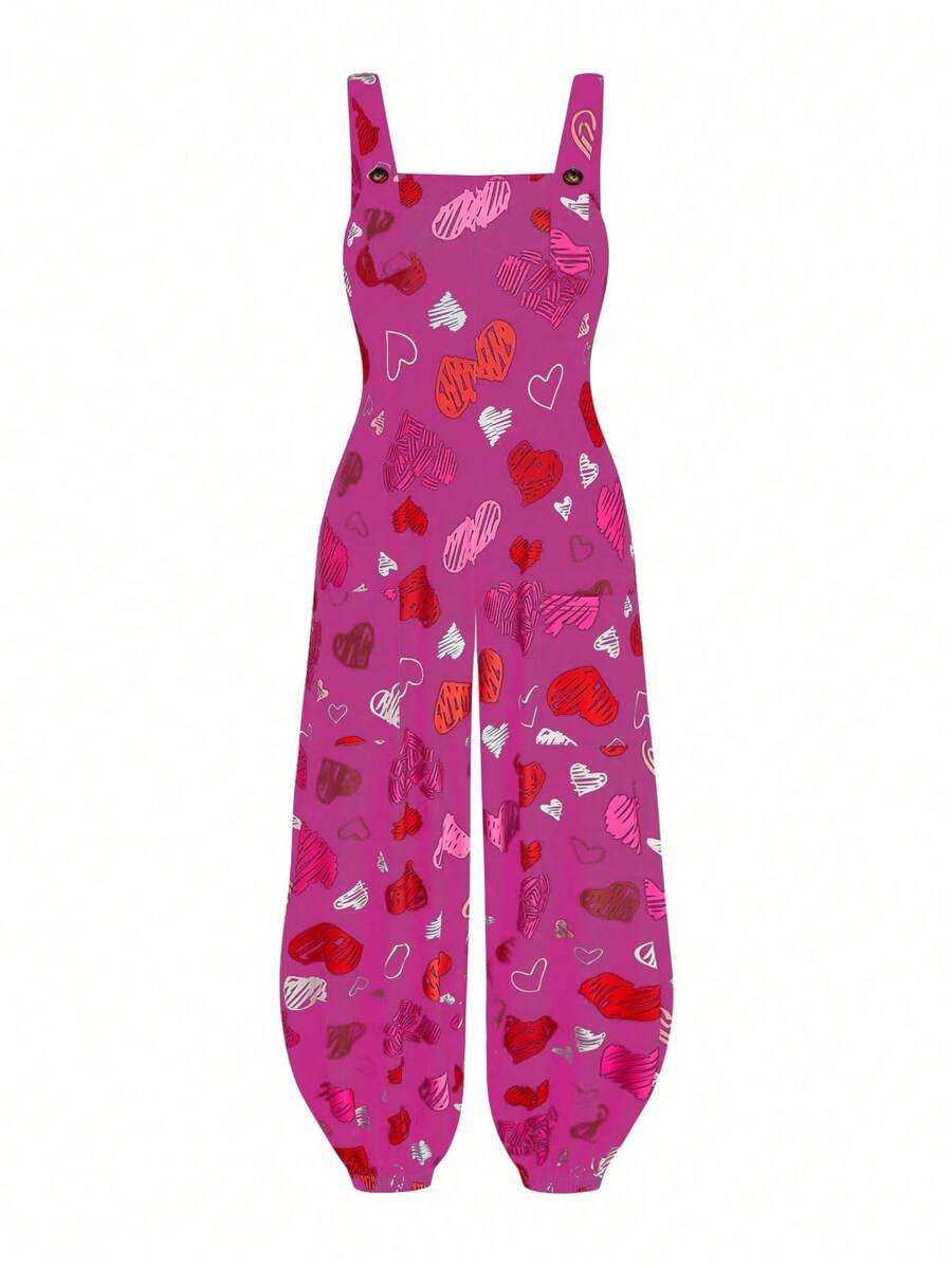 Sweetra Plus Size Casual Heart Print Jumpsuit - Pink - View 1
