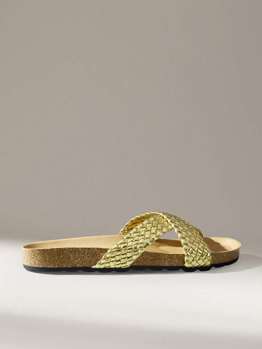 Solecia Women Shoes Summer Cross-Braided Band Round Toe Thick Bottom Fashion Leather Gold Slippers Daily Party - Gold - View 1