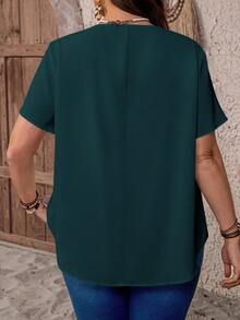 EMERY ROSE Blusa casual de verano con cuello en V y pliegues, de manga corta, talla grande, de estilo campestre y casual, simple y de moda para uso diario - Azul - Ver 2