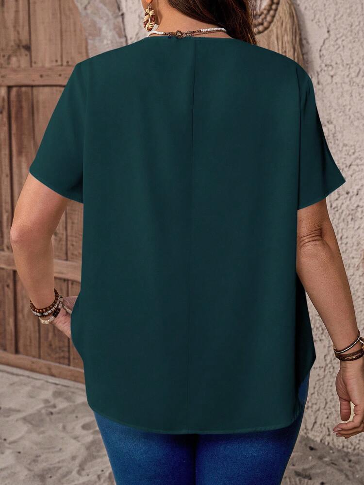 Plus Size V-Neck Ruched Summer Short Sleeve Casual Solidy Top,Country Casual Vacation,Simple And Fashionable For Everyday Wear