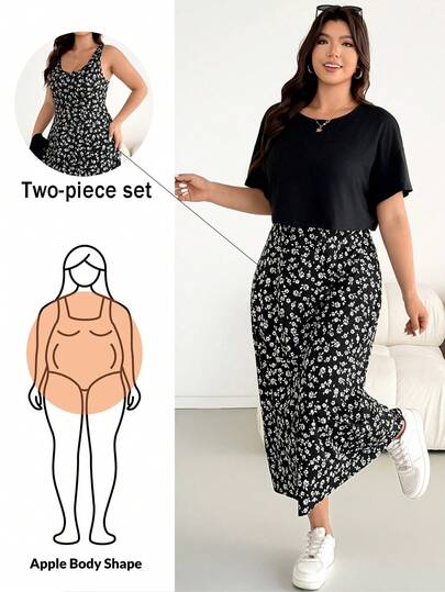 Shapeblank 大码女装春夏时尚休闲宽松舒适日常百搭显瘦两件套：黑色短袖上衣和黑白碎花背心长裙，夏季服装，机场穿搭，曲线套装